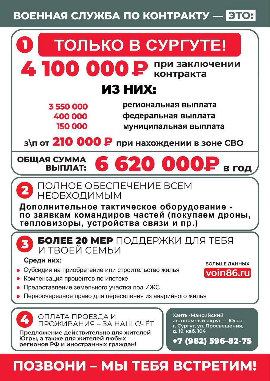 4 100 000 рублей можно получить в Сургуте при заключении контракта на военную службу